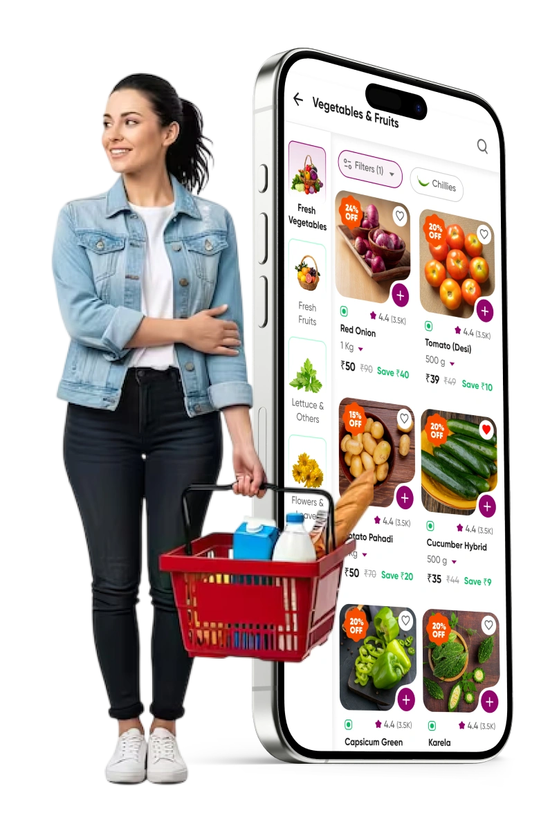Freshee organic grocery app on a smartphone beside a shopper carrying fresh produce
