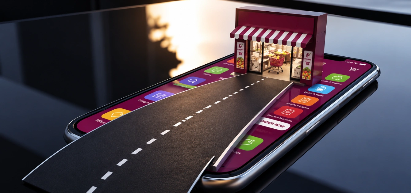 Freshee app and D2C storefront — 3D render of the shopping journey Freshee app and D2C storefront — 3D render of the shopping journey