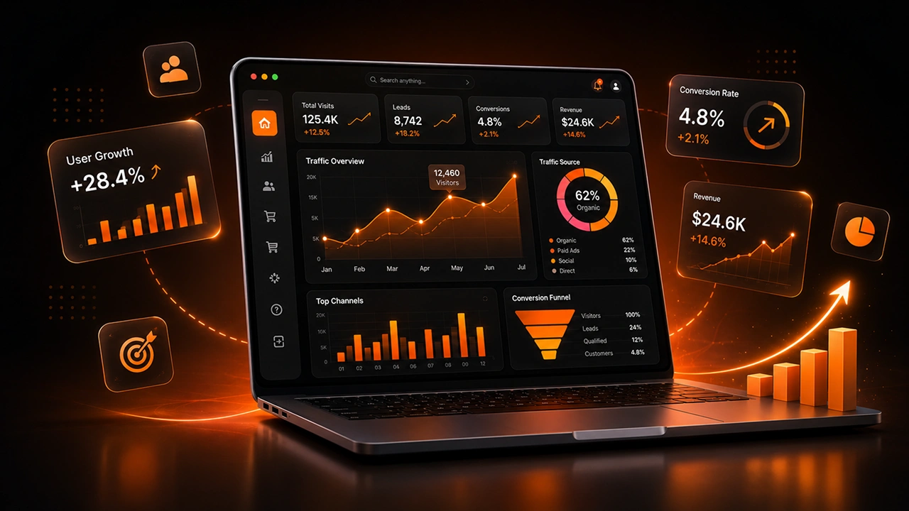 Marketing analytics dashboard on a laptop showing traffic, leads, conversion rate and revenue trends