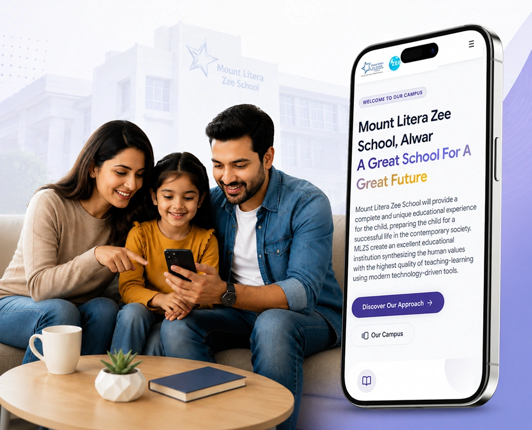 A family exploring the Mount Litera Zee School Alwar website on a phone