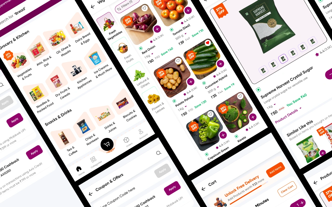 Freshee mobile app UI screens — home, product categories and shopping cart Freshee mobile app UI screens — home, product categories and shopping cart