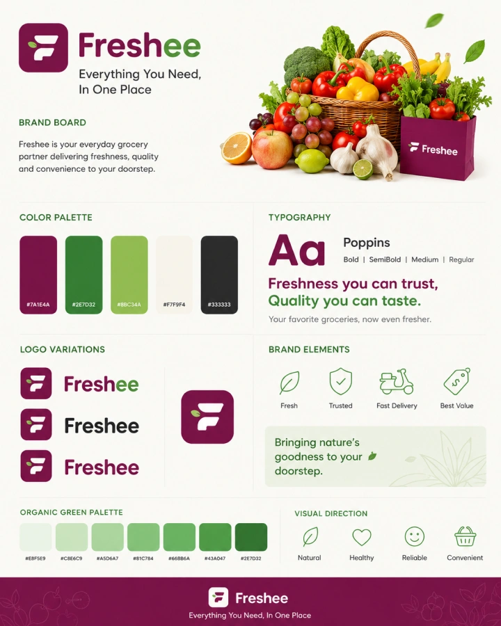 Freshee brand board — logo, organic green palette and typography Freshee brand board — logo, organic green palette and typography