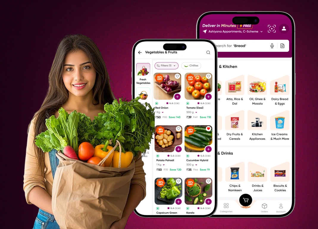Freshee quick-commerce grocery app — shopper with fresh produce beside the app screens