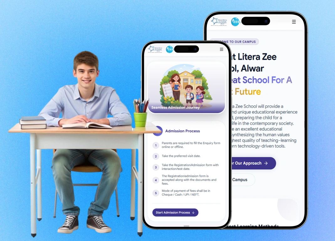 Mount Litera Zee School Alwar website shown on mobile beside a student studying