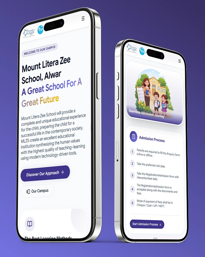 Responsive mobile view of the Mount Litera Zee School Alwar website with the enquiry form