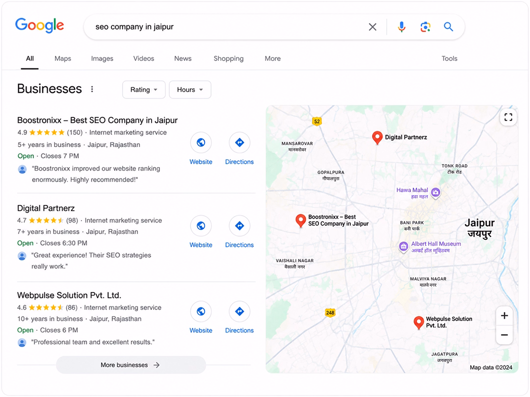 Google local map pack showing BoostronixX ranking for SEO company in Jaipur