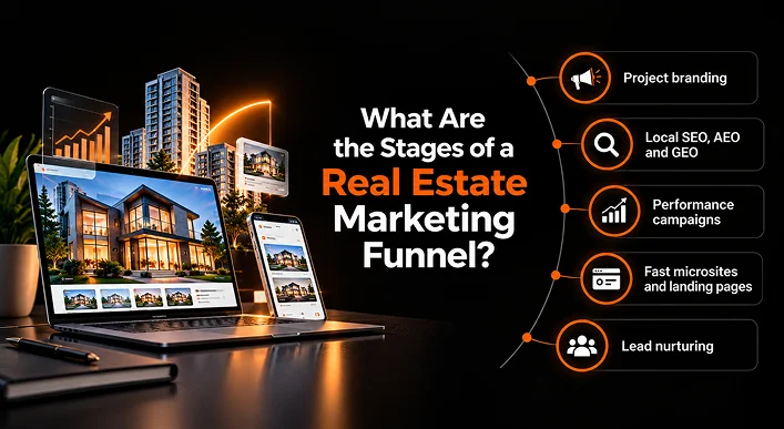 Stages of a real estate marketing funnel — project branding, local SEO/AEO/GEO, performance campaigns, microsites and lead nurturing