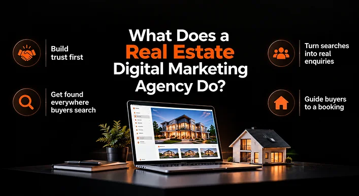 What a real estate digital marketing agency does — build trust, get found, turn searches into enquiries and guide buyers to a booking